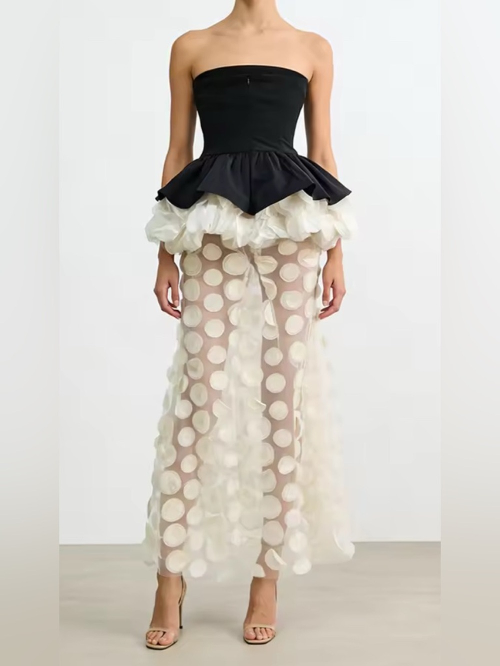NEW $458 HIGH FASHION Sheer Polka Dot Maxi Skirt in off White